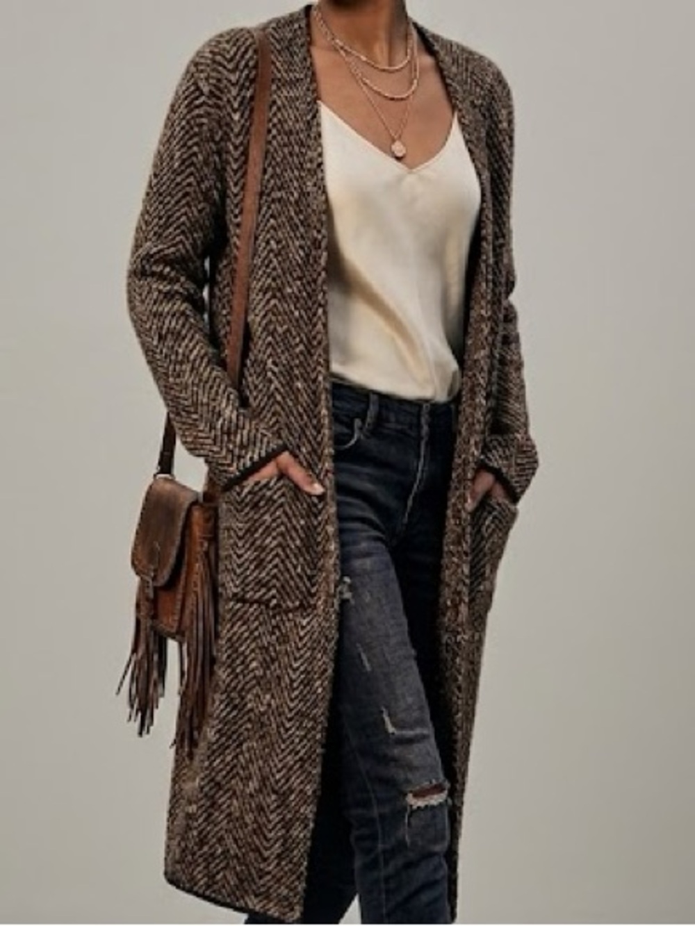 Cos Chevron Mohair Wool Blend Long Open Cardigan Jacket